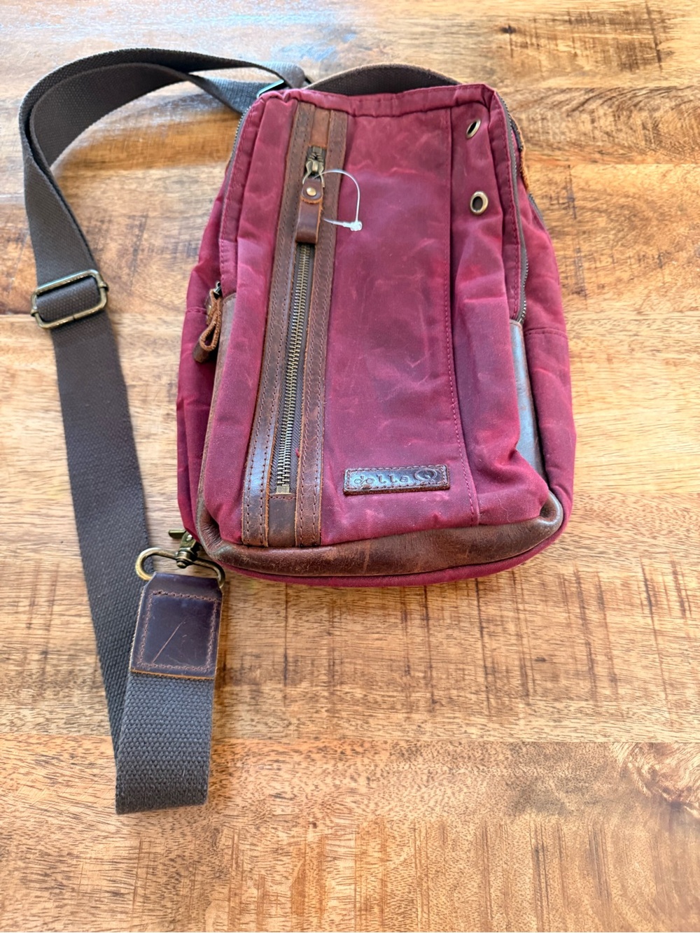 DELLA Burgundy/wine Canvas mess Bag with Brown Leather Trim - Casual Crossbody
